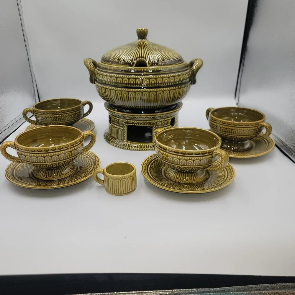 Vintage Olive Green Ceramic Soup Tureen Set with Warmer 4 Bowls and Saucers MCM